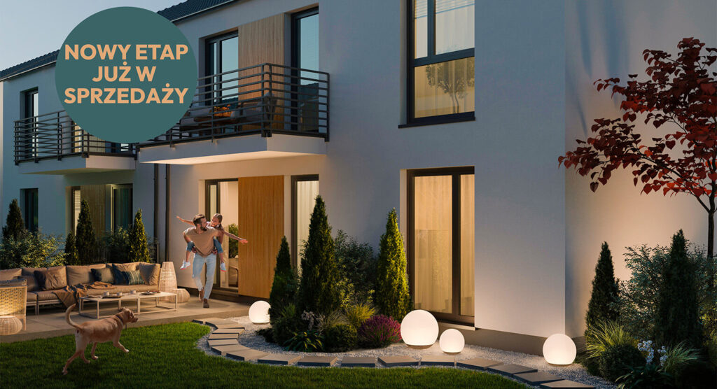 Wizualizacja osiedla Spokojna Wólka w&nbsp;Wólce Kosowskiej wieczorem